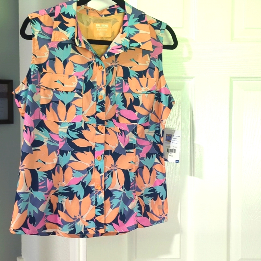 NWT Reel Legends Sleeveless Button-Down  Navy, Peach, Teal & Pink Floral Print